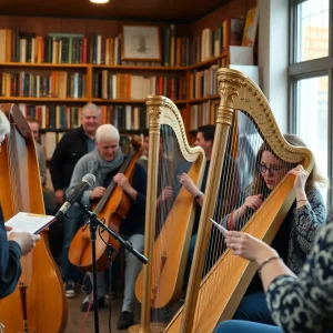 Jessica Tate performing on harp at Full Circle Bookstore