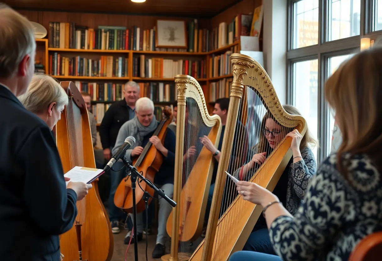 Jessica Tate performing on harp at Full Circle Bookstore