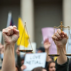 A representation of justice and activism with raised fists and scales of justice.