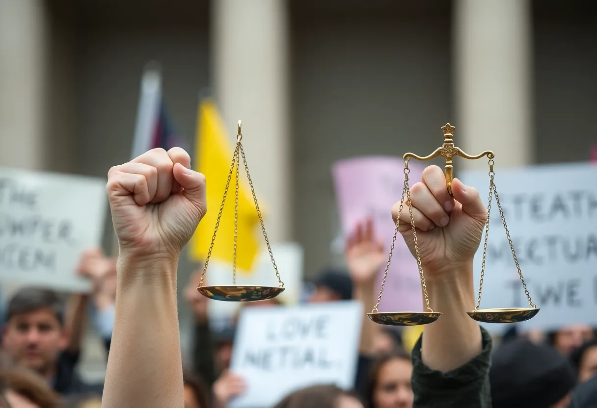 A representation of justice and activism with raised fists and scales of justice.