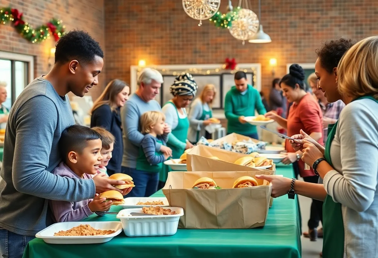Families enjoying a festive meal together during the food distribution event.