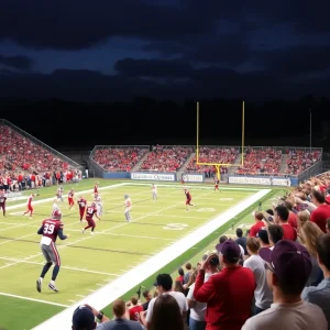 Action shot of a high school football game featuring the Lincoln Christian Bulldogs