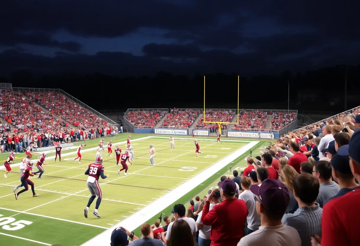 Action shot of a high school football game featuring the Lincoln Christian Bulldogs