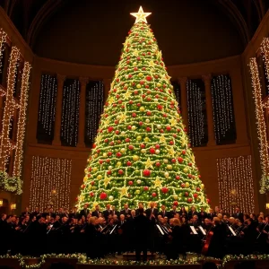 A festive Living Christmas Tree with synchronized lights and a choir performing in front of it.