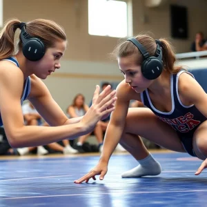 Young female wrestler competing at the Putnam City Invitational