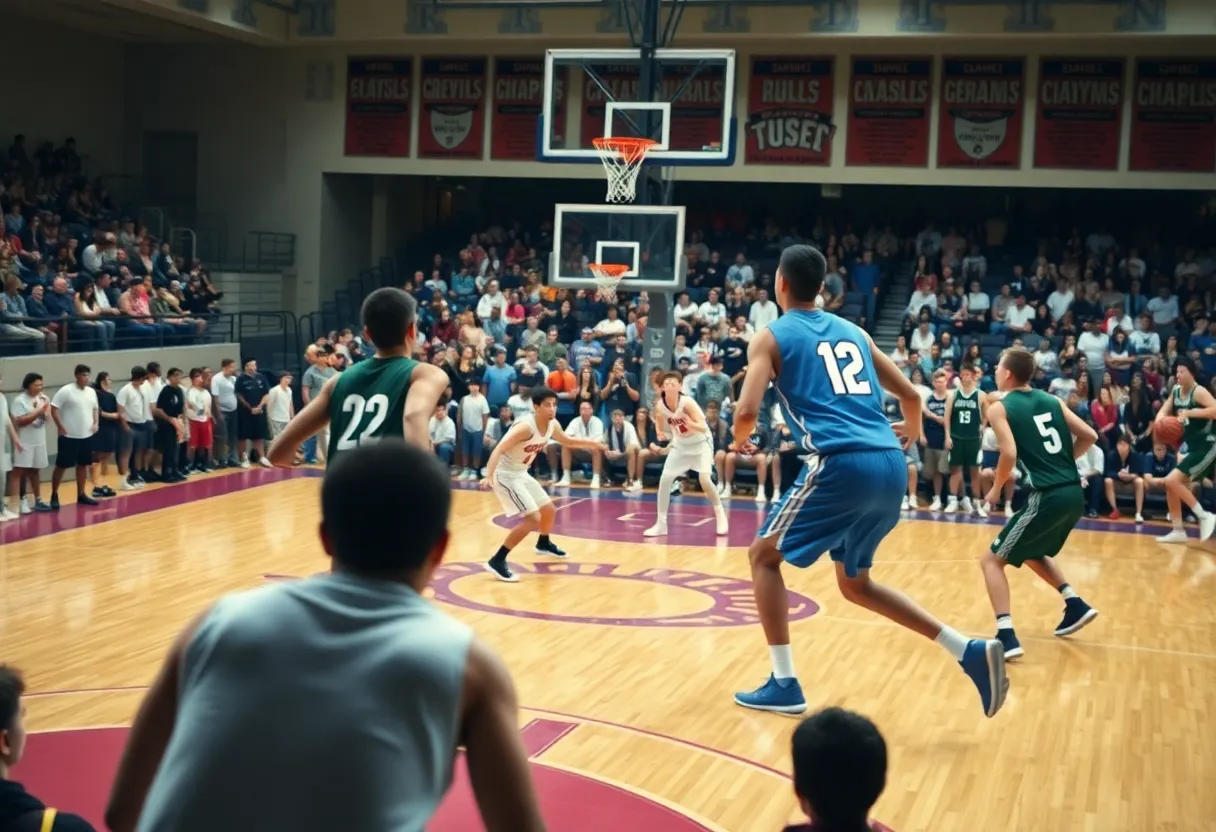 High school basketball players competing on the court in Miami