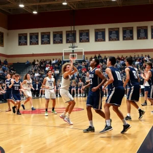 High school basketball players from Miami High School in action during a game