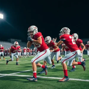 High school football players in action during a game.