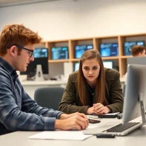 Students collaborating on military software development projects