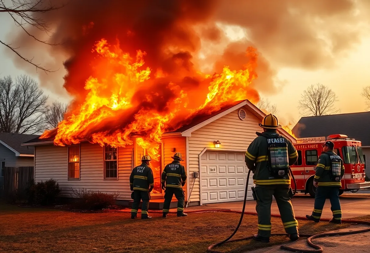 Firefighters battling a house fire in Moore, Oklahoma.