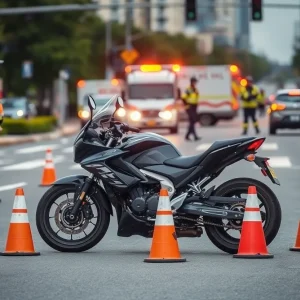 Scene of a motorcycle crash with emergency responders at the intersection