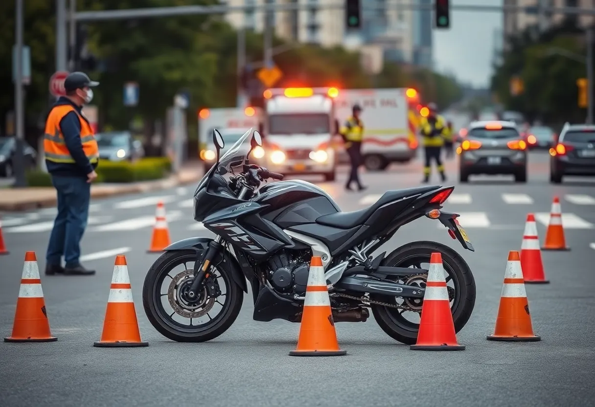 Scene of a motorcycle crash with emergency responders at the intersection