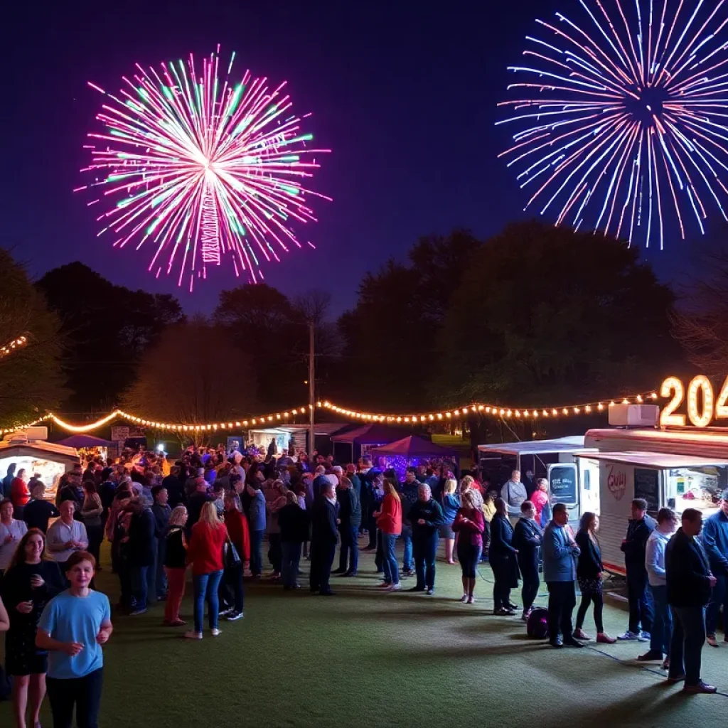 People enjoying a New Year's Eve celebration in a park in Oklahoma with live music and a light show.
