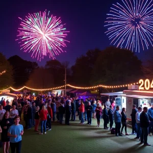 People enjoying a New Year's Eve celebration in a park in Oklahoma with live music and a light show.