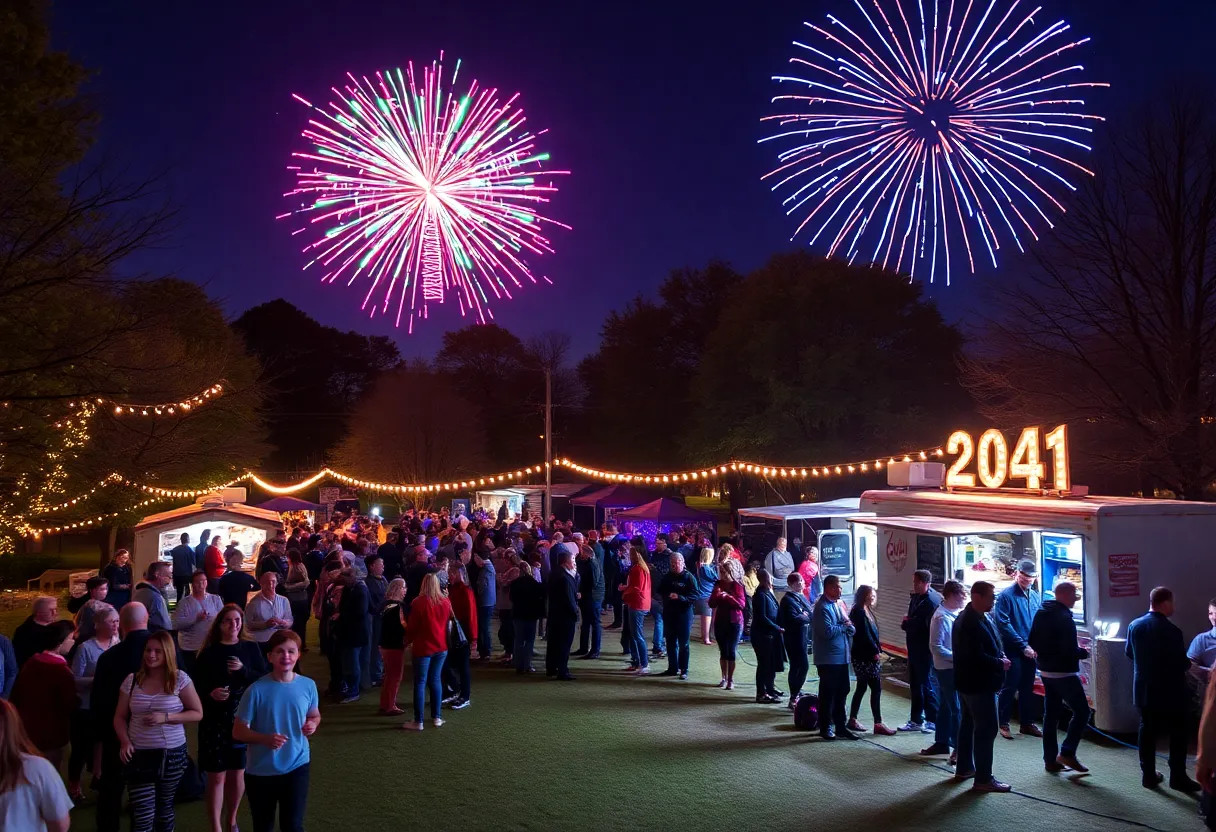 People enjoying a New Year's Eve celebration in a park in Oklahoma with live music and a light show.