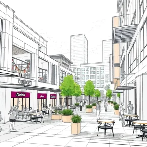 Design sketch of OAK, an upscale outdoor shopping center in Oklahoma City