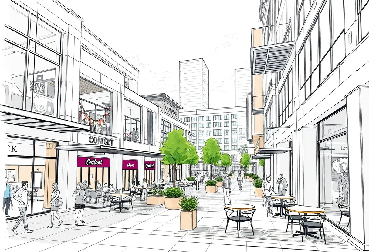 Design sketch of OAK, an upscale outdoor shopping center in Oklahoma City
