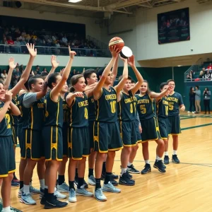 Oklahoma Bible Academy Lady Trojans celebrating victory