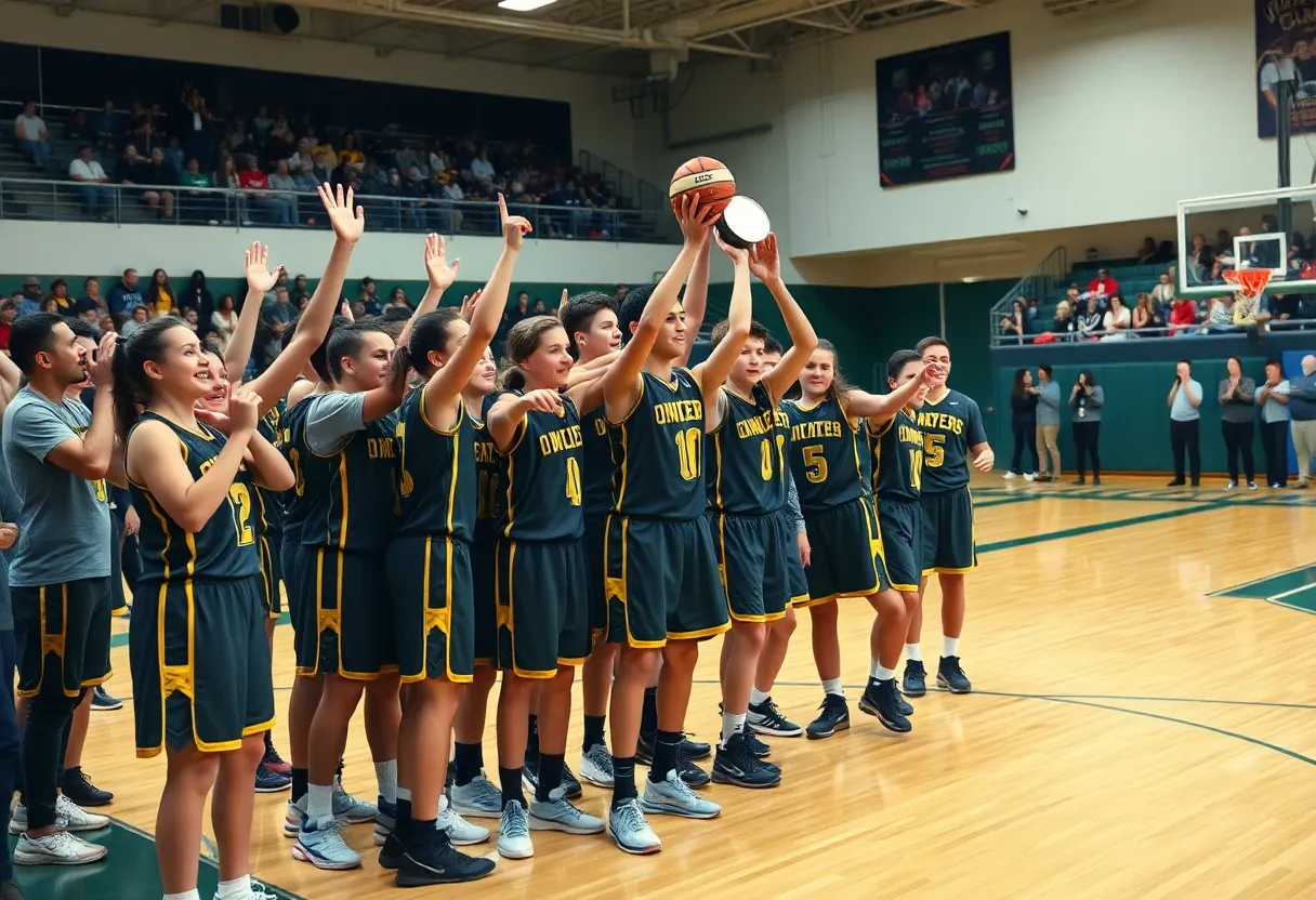 Oklahoma Bible Academy Lady Trojans celebrating victory