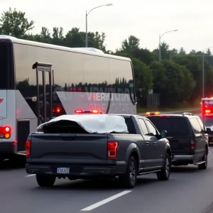 Scene of a head-on collision involving a transport bus and a pickup truck on a highway.