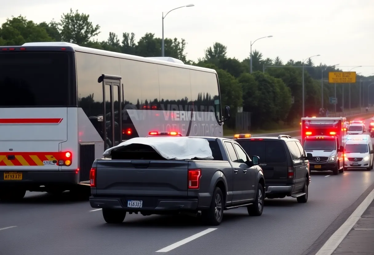 Scene of a head-on collision involving a transport bus and a pickup truck on a highway.