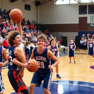 High school basketball players in action during a game