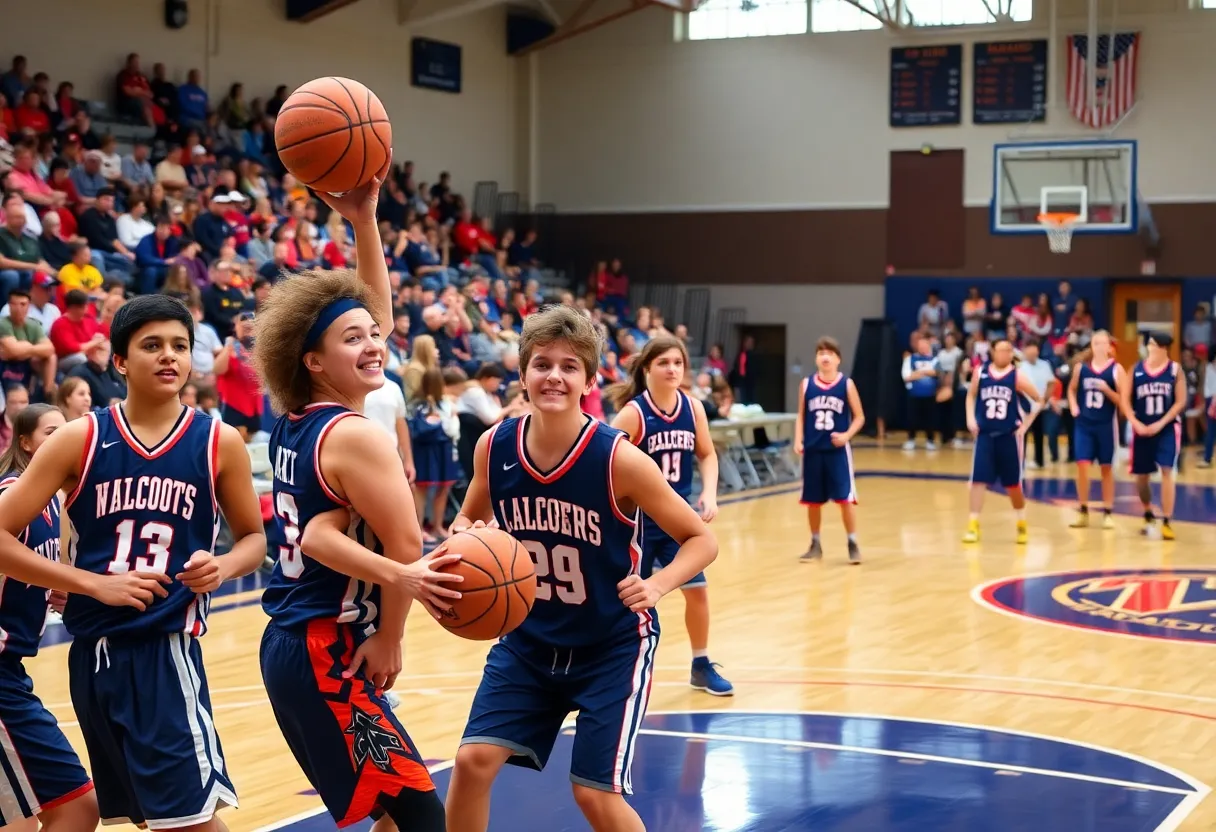 High school basketball players in action during a game
