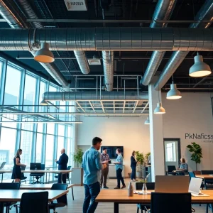 Business professionals collaborating in an incubator setting in Oklahoma.