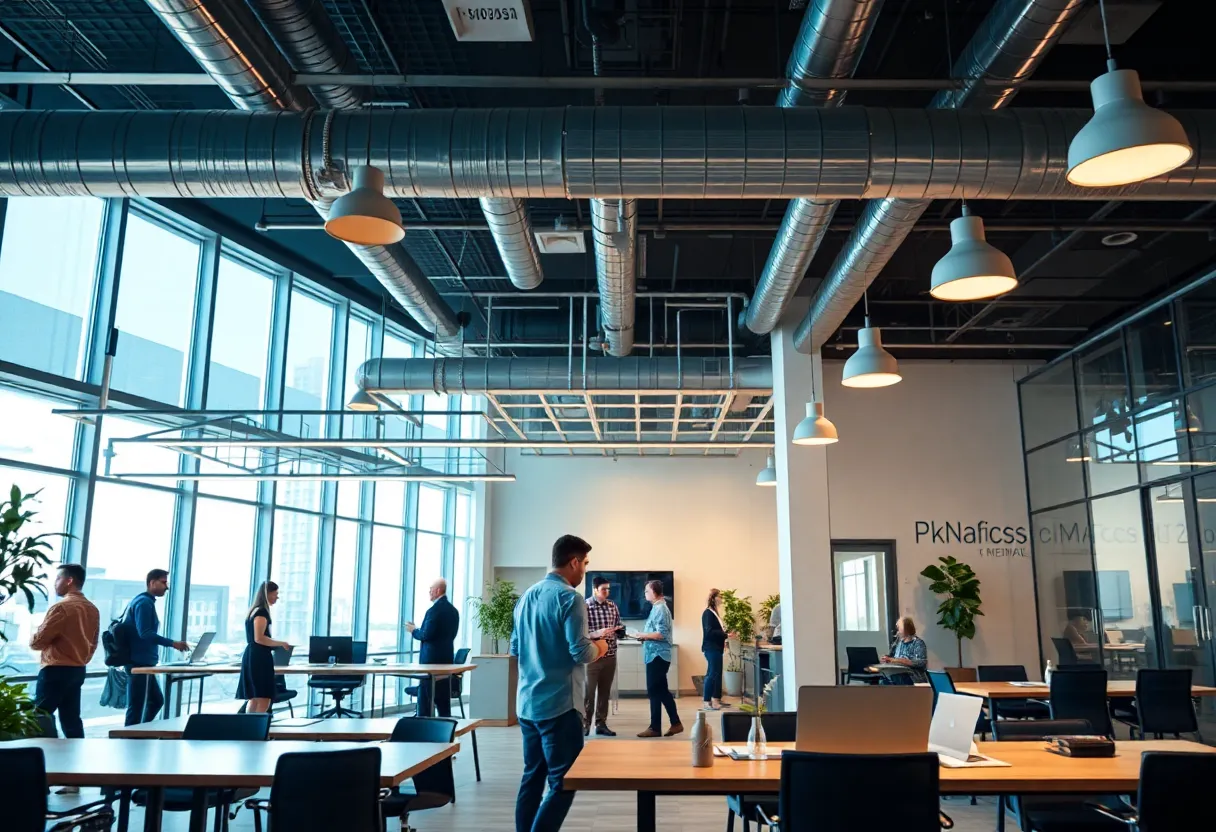 Business professionals collaborating in an incubator setting in Oklahoma.