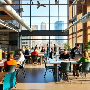 Entrepreneurs collaborating in a modern Oklahoma business incubator space.