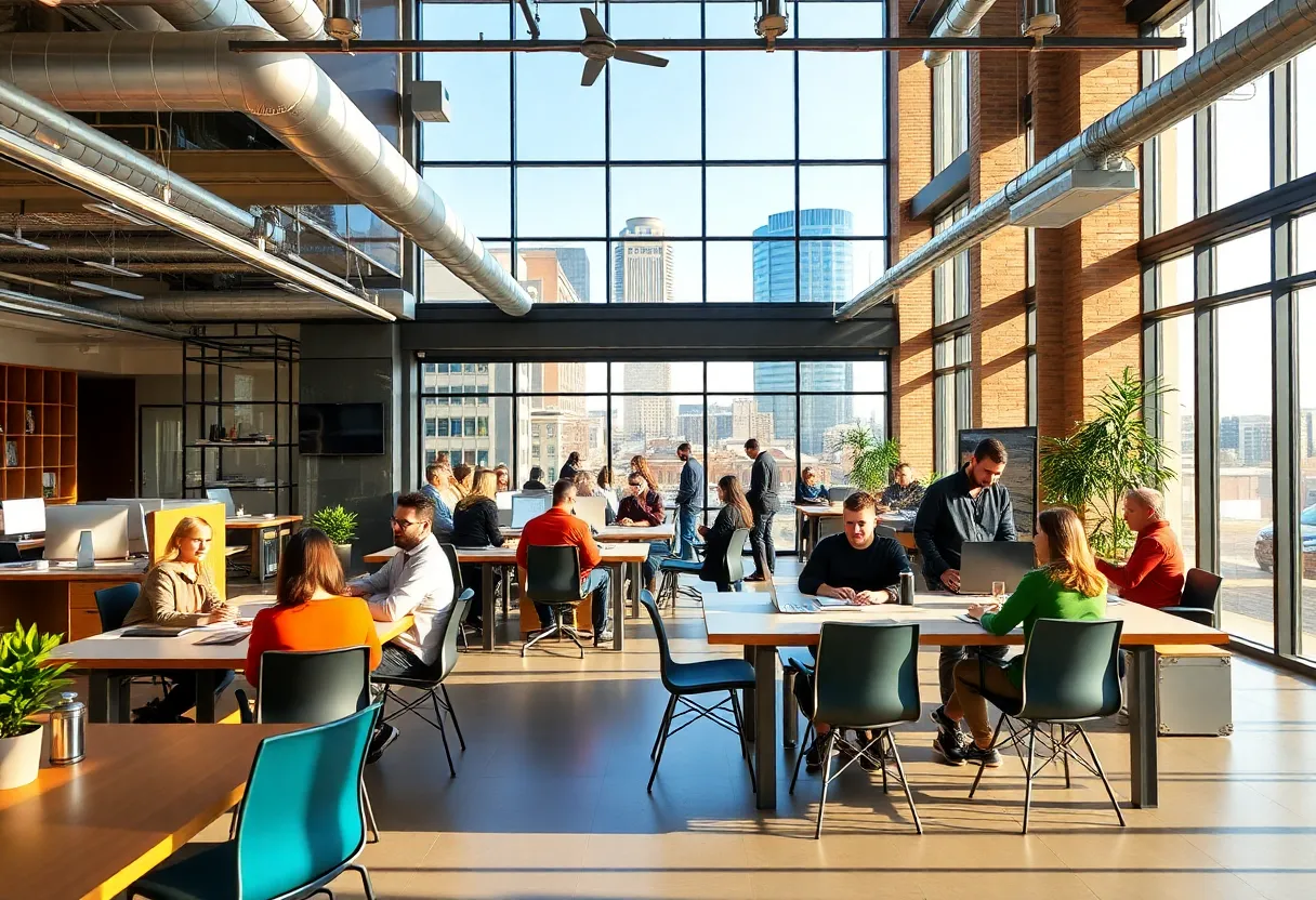 Entrepreneurs collaborating in a modern Oklahoma business incubator space.