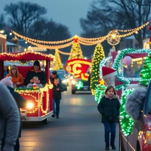 Scene from an Oklahoma Christmas parade with decorated floats and families celebrating