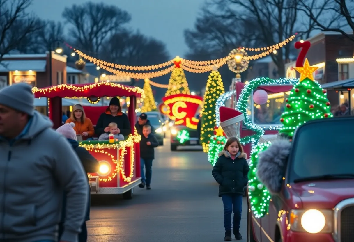 Scene from an Oklahoma Christmas parade with decorated floats and families celebrating