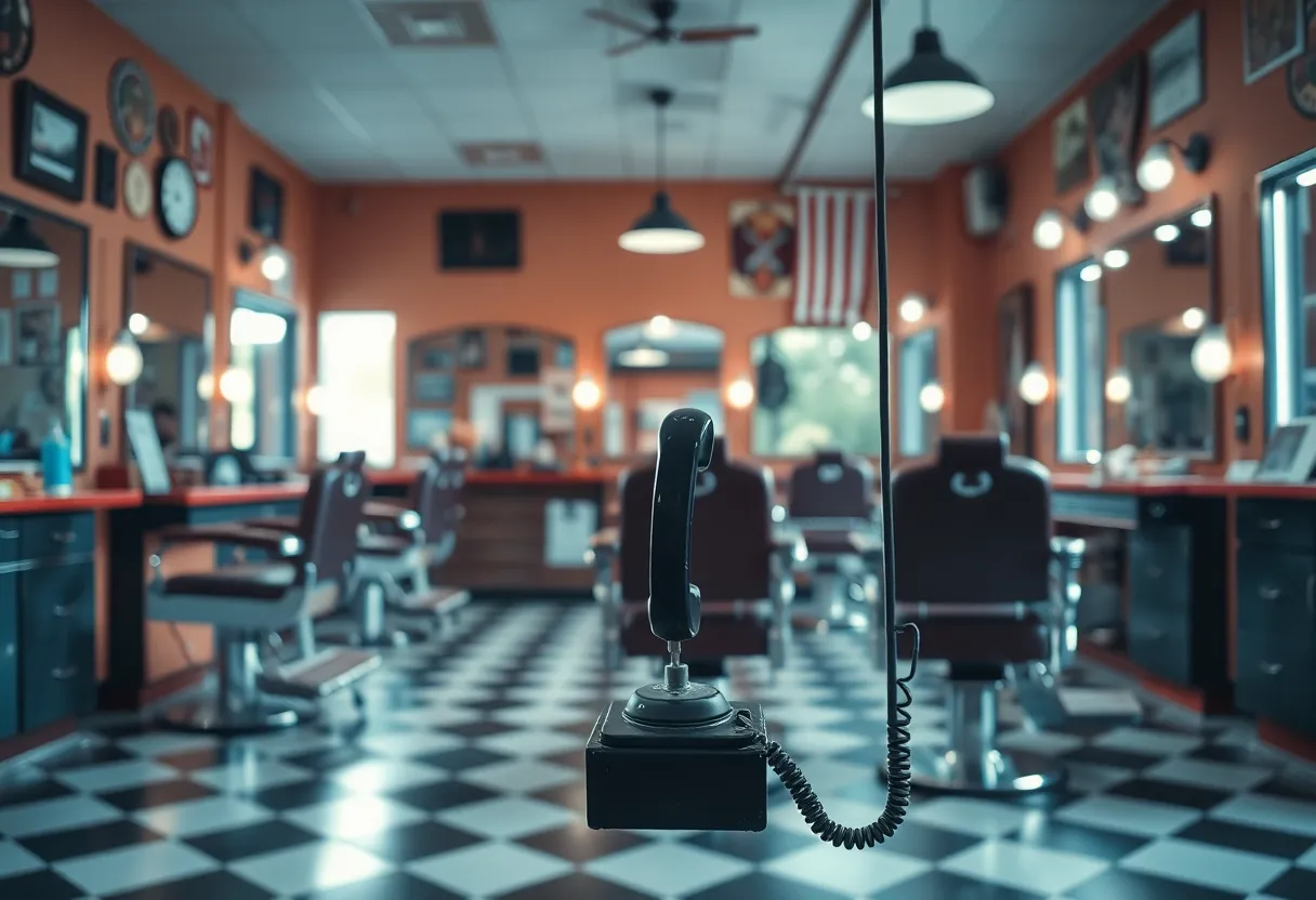 Interior of a barbershop with empty chairs and a disconnected phone line.