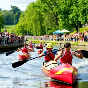 Athletes competing in canoe slalom at the Oklahoma City event