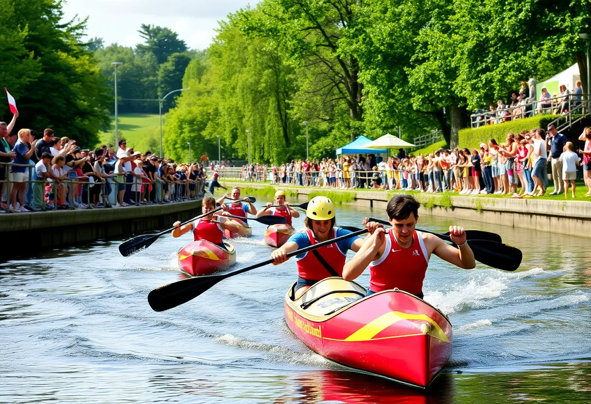 Athletes competing in canoe slalom at the Oklahoma City event