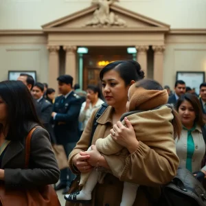 A mother holding her child at Oklahoma City courthouse