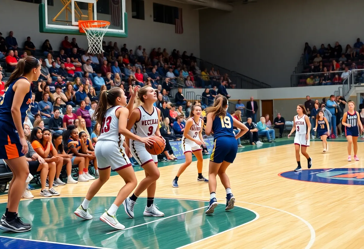 Girls basketball players competing in a high school game in Oklahoma City