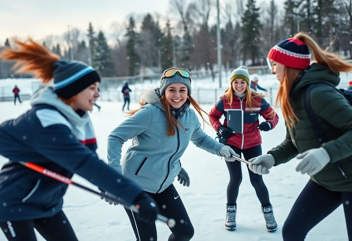 Female high school athletes in winter sports demonstrating teamwork and athleticism
