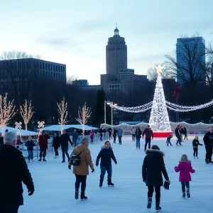 Families ice skating under holiday lights in Oklahoma City