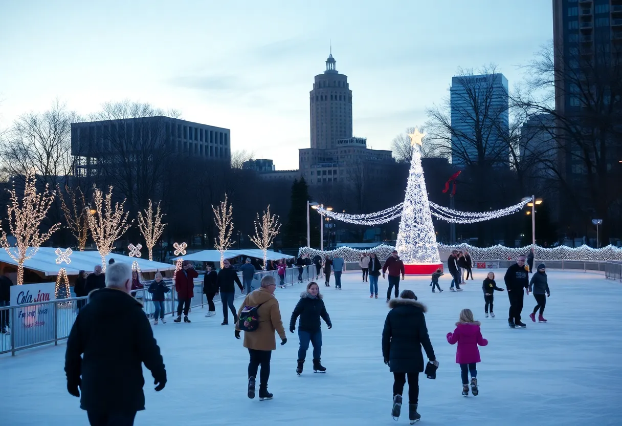 Families ice skating under holiday lights in Oklahoma City