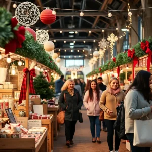 People shopping at Oklahoma City Holiday Pop-Up Shops with festive decorations.