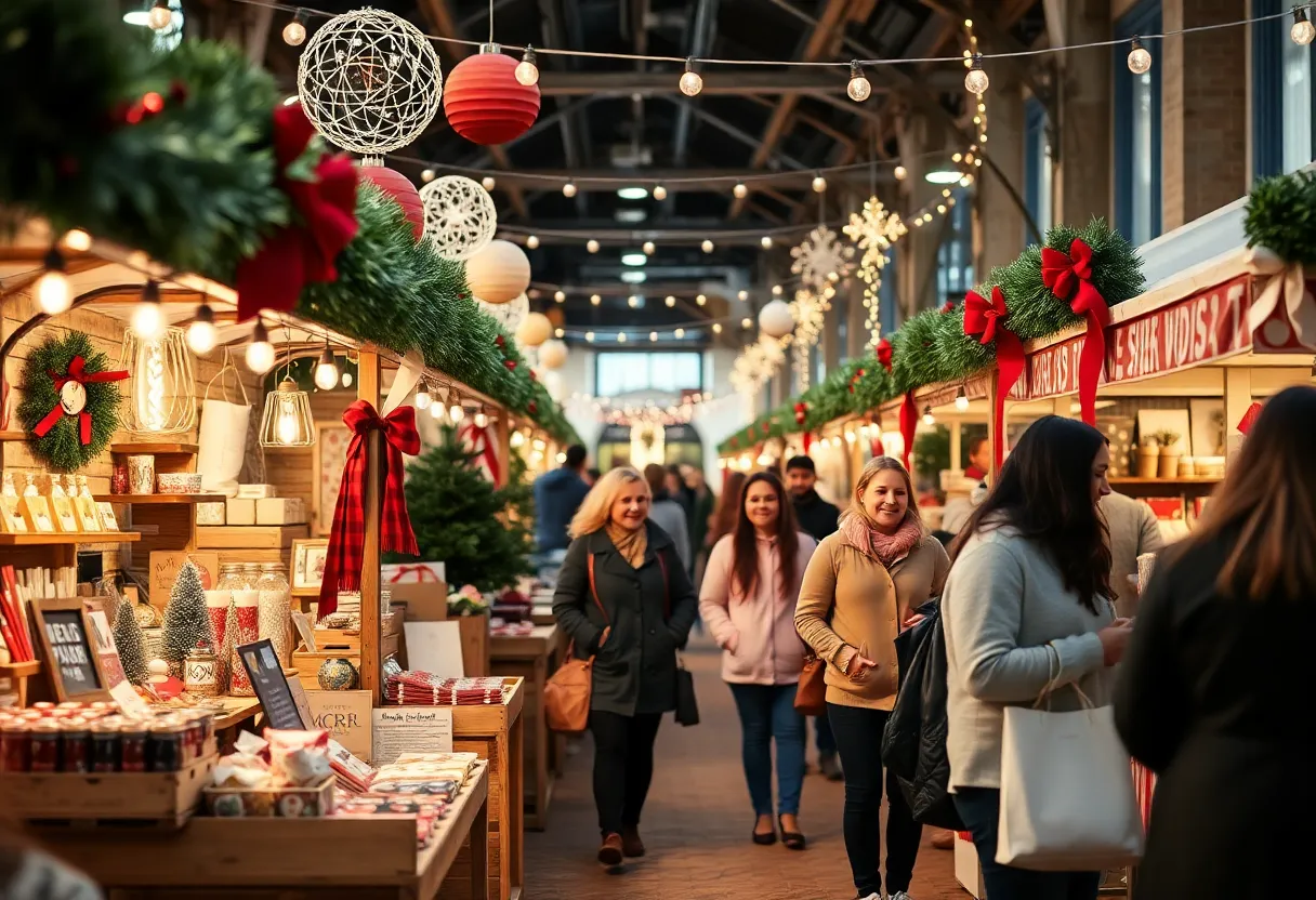 People shopping at Oklahoma City Holiday Pop-Up Shops with festive decorations.