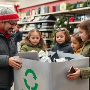 Families participating in electronics recycling event for holiday support