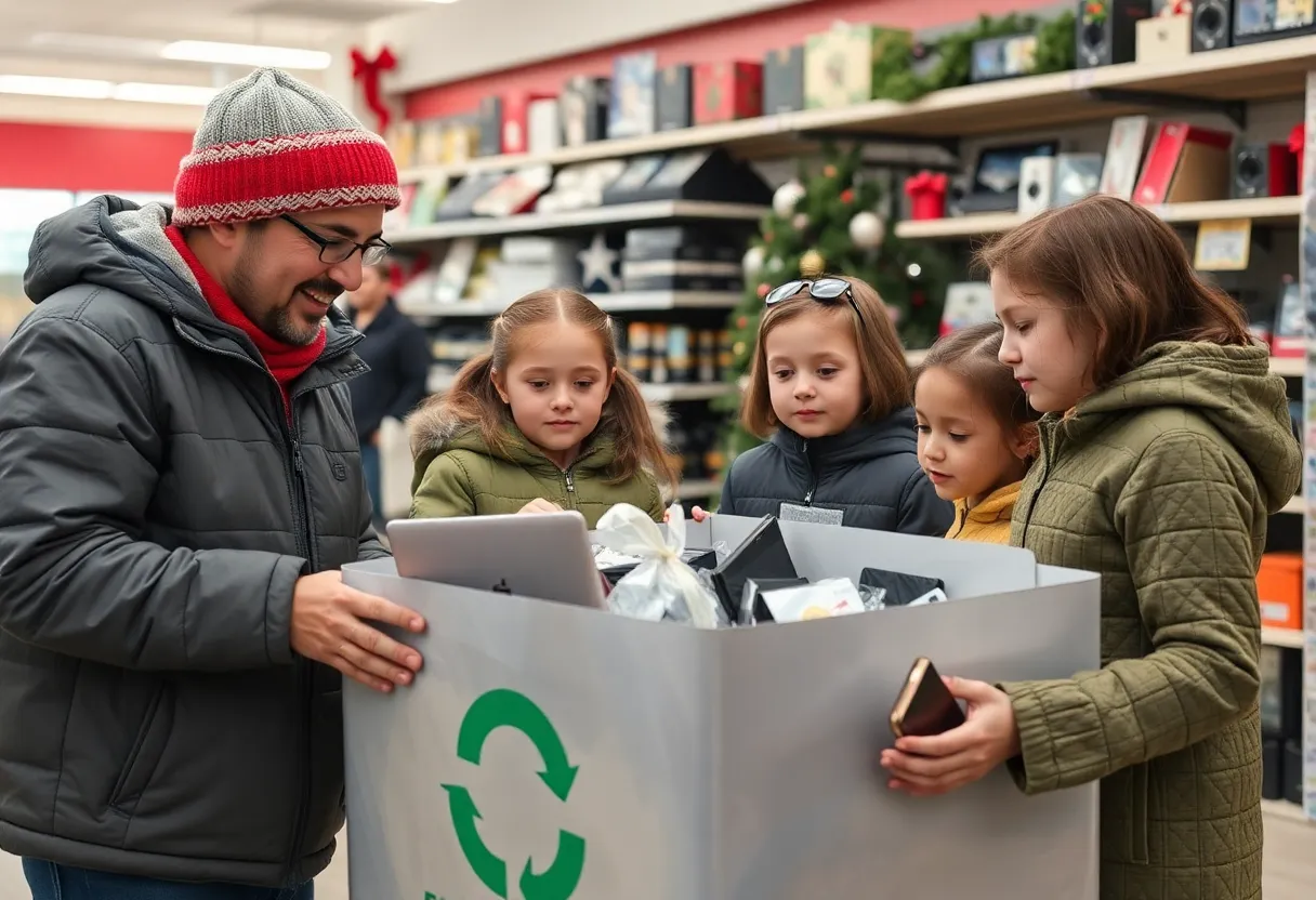 Families participating in electronics recycling event for holiday support