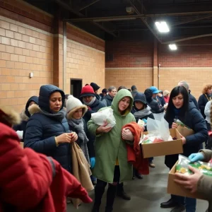 Volunteers assisting individuals at a homeless shelter in Oklahoma City during winter.