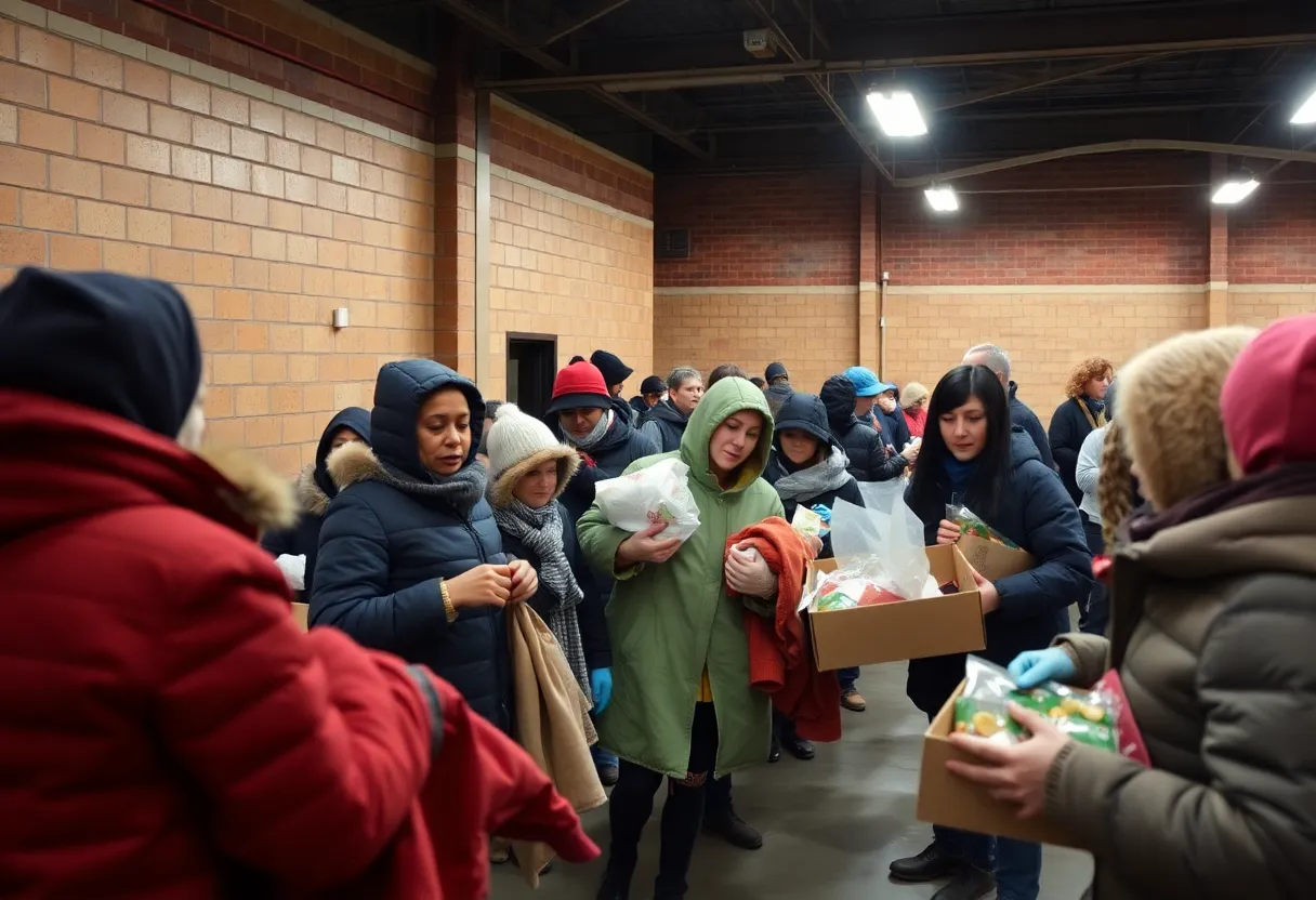 Volunteers assisting individuals at a homeless shelter in Oklahoma City during winter.