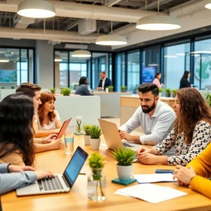 Entrepreneurs collaborating in an Oklahoma City business incubator.