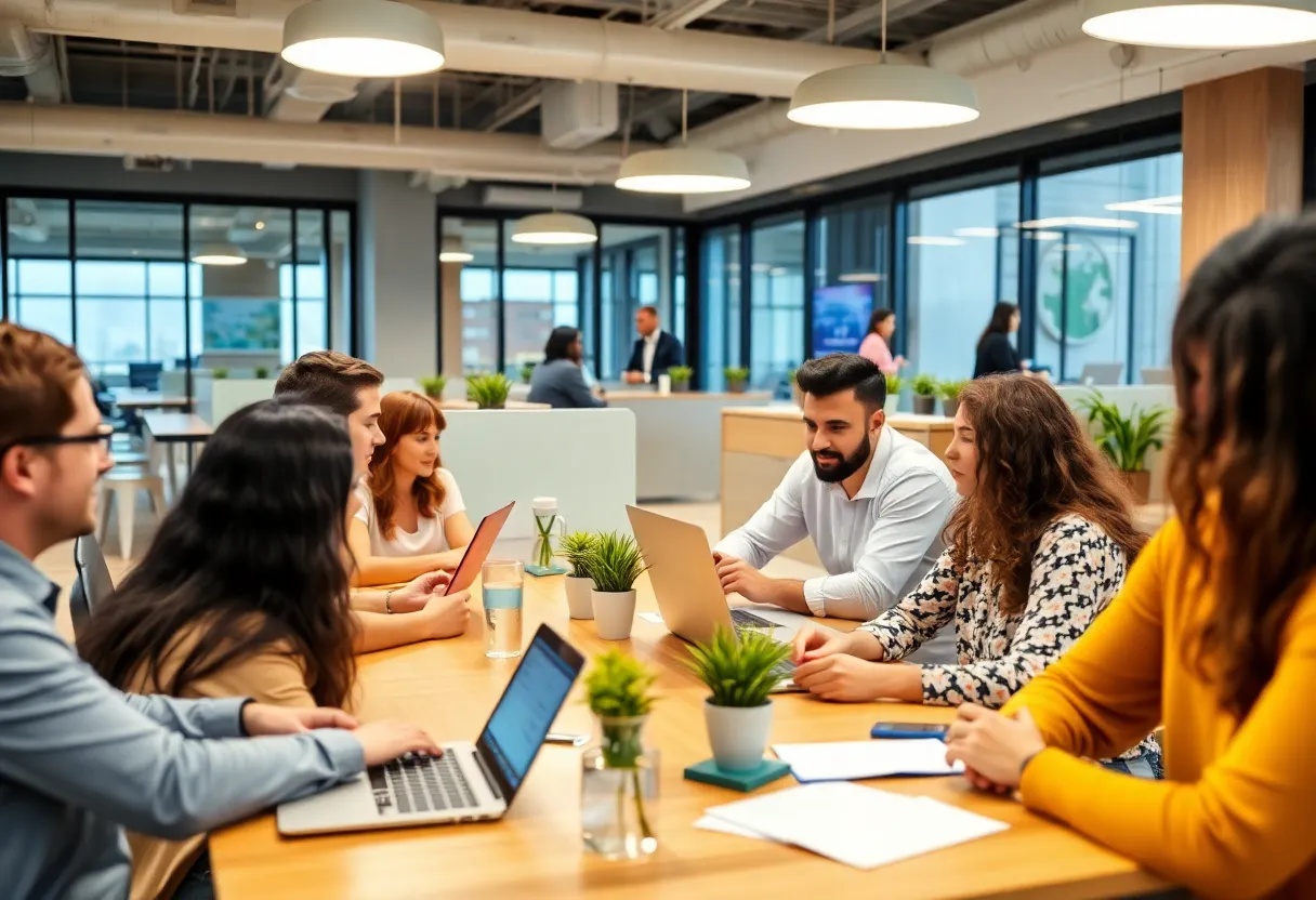 Entrepreneurs collaborating in an Oklahoma City business incubator.