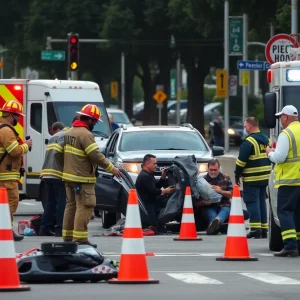 Emergency responders treating an injured individual at the scene of a traffic accident in Oklahoma City.